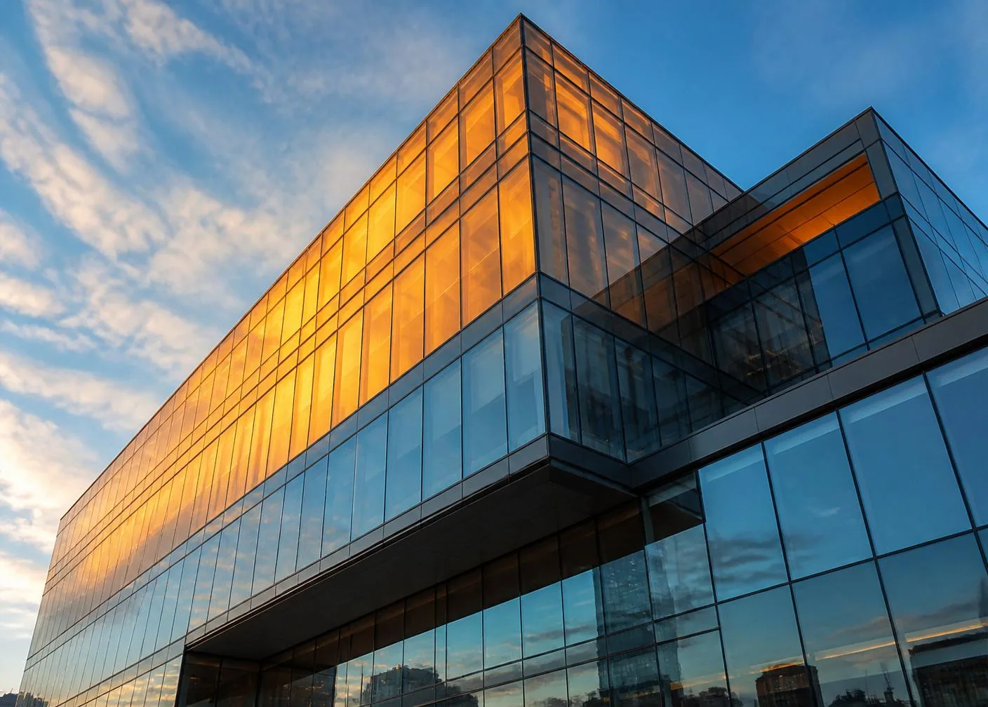Edificio corporativo moderno en Montevideo al atardecer